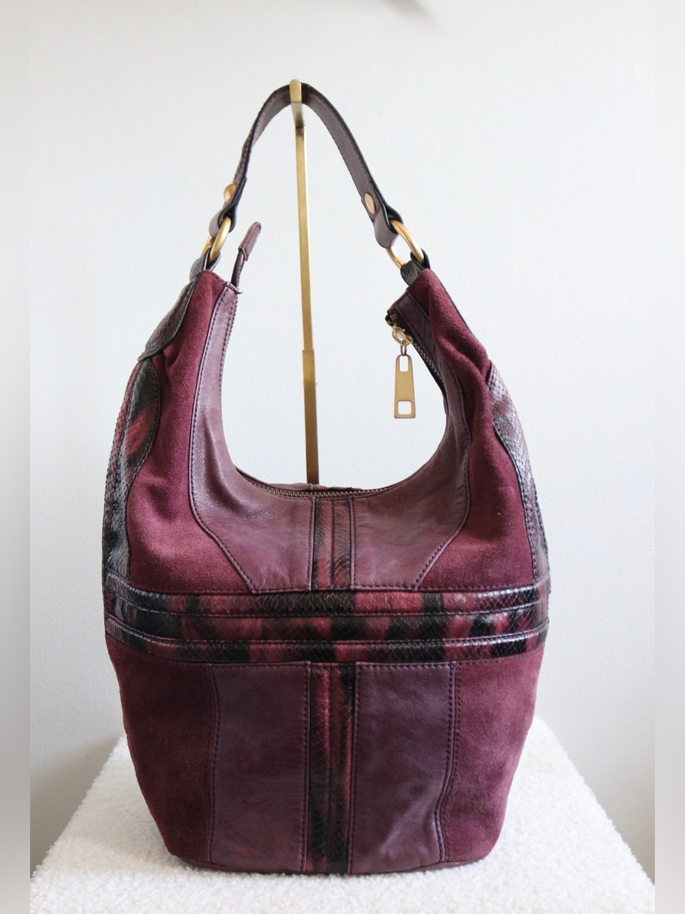 Vintage Steven by Steve Madden Genuine Leather Patchwork Hobo Bag Burgundy Gold